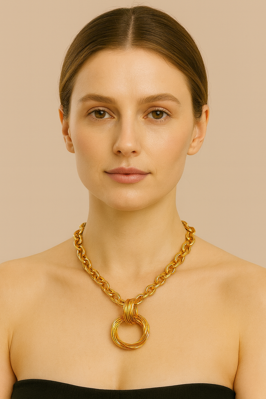 Bold Gold Link Chain Necklace with Sculptural Ring Pendant