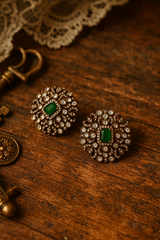 Antique Polki Stud Earrings with Emerald Center