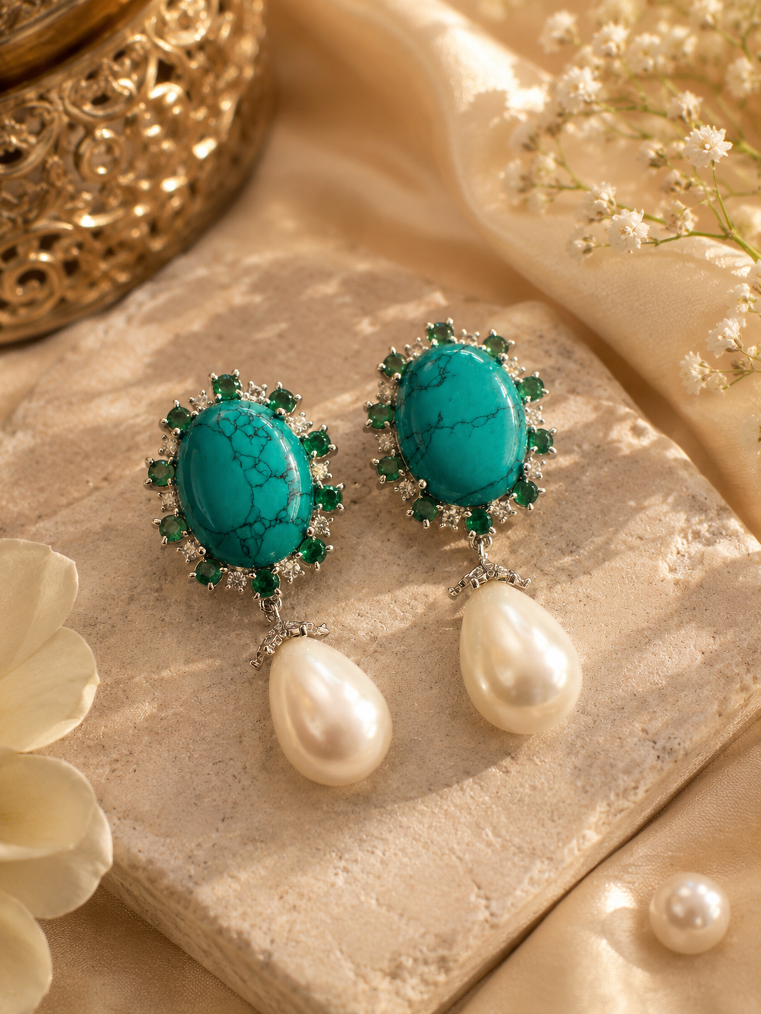 Turquoise Pearl Bloom Earrings