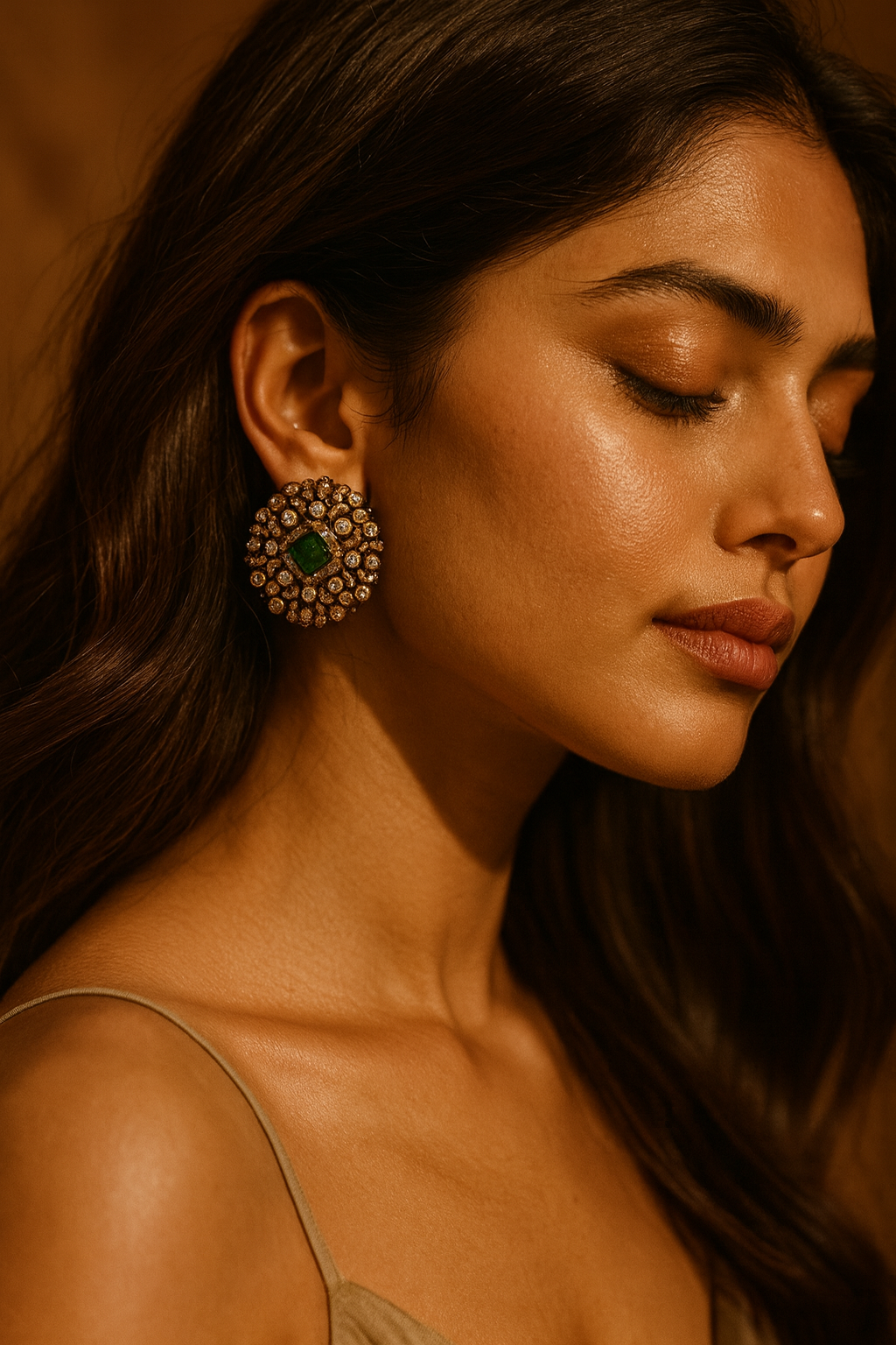 Antique Polki Stud Earrings with Emerald Center