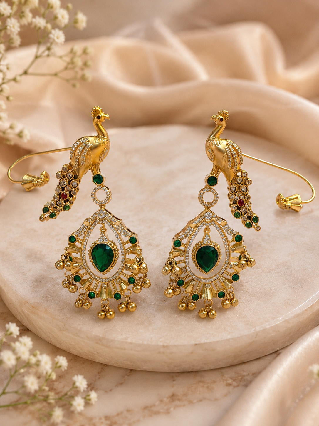 Peacock Motif Emerald Green Statement Earrings with Kundan Work
