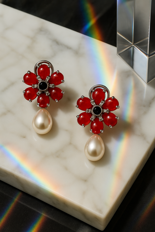 Scarlet Bloom Pearl Drop Earrings