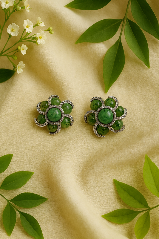Emerald Green Floral Stud Earrings with Diamond Accents