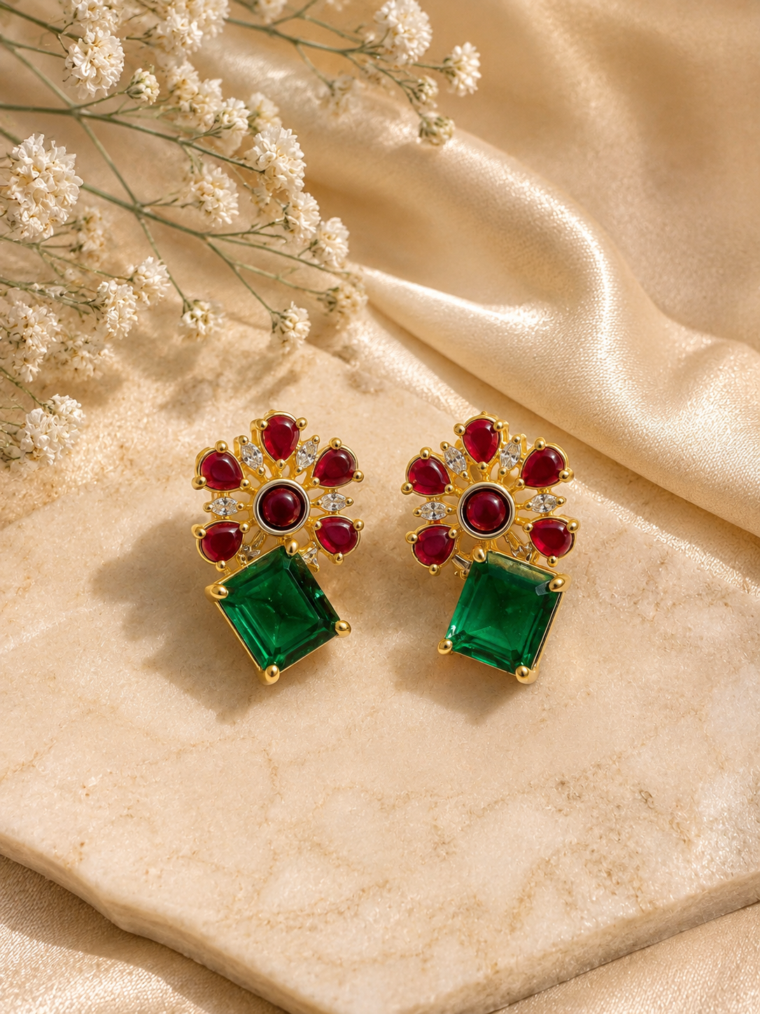 Riva Emerald & Ruby Floral Necklace and Earrings Set
