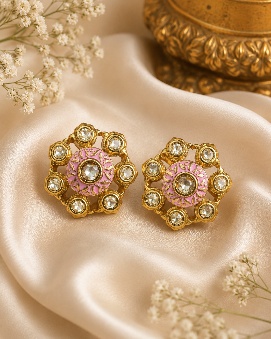 Pink Meenakari Kundan Floral Stud Earrings