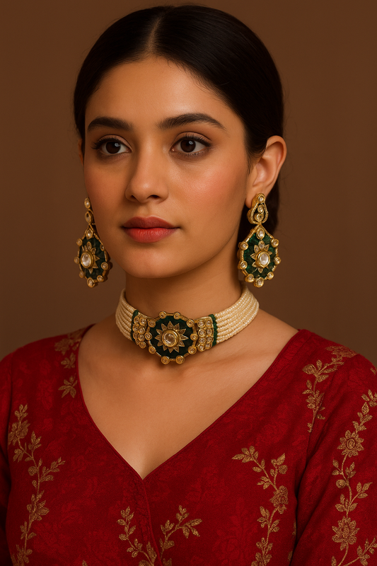 Royal Green & Pearl Kundan Choker Set with Statement Earrings