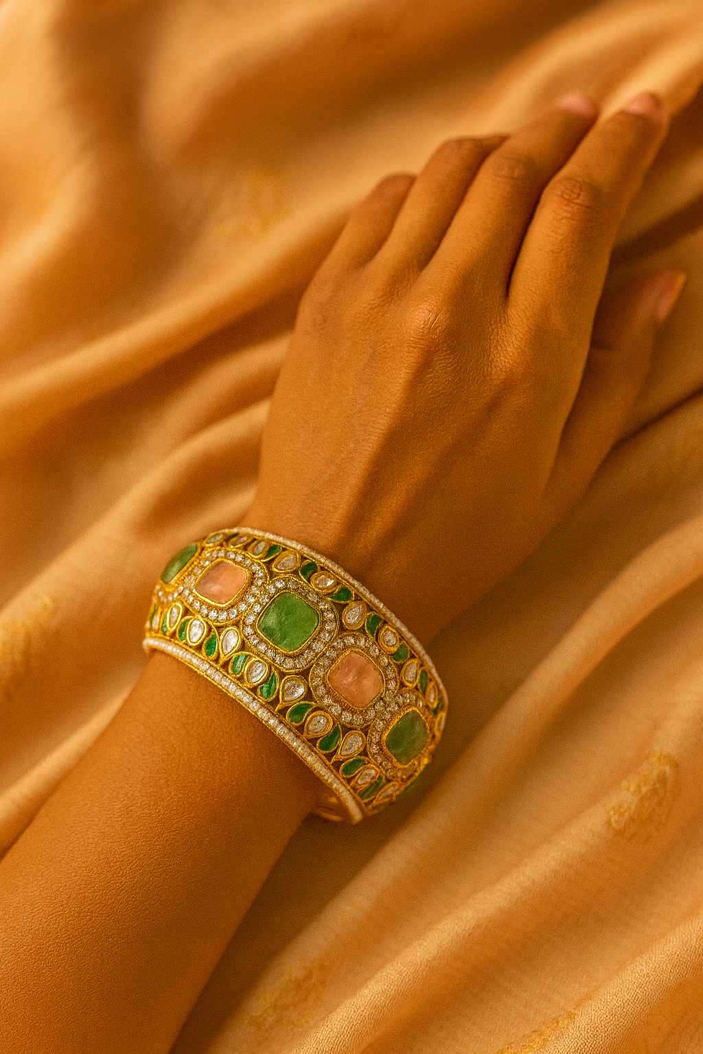 Royal Enamel Polki Bangle with Emerald & Peach Accents