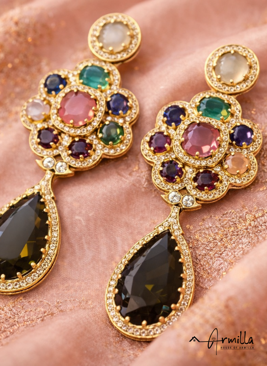 Navratan Bloom Teardrop Statement Earrings – Emerald Green & Smoky Olive