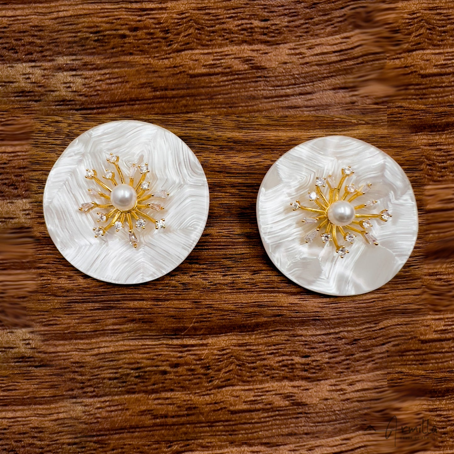 White MOP Stud Earrings embellished with Pearl and small american diamonds