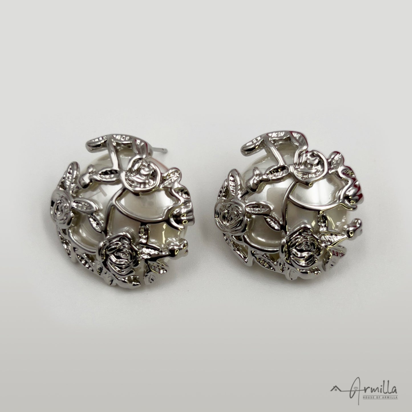 Silver polished carving style Mother of Pearl Studs