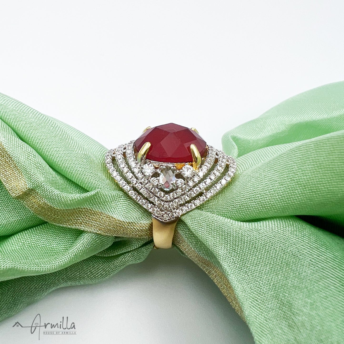 Bold Ruby Red Ring with fine CZ border