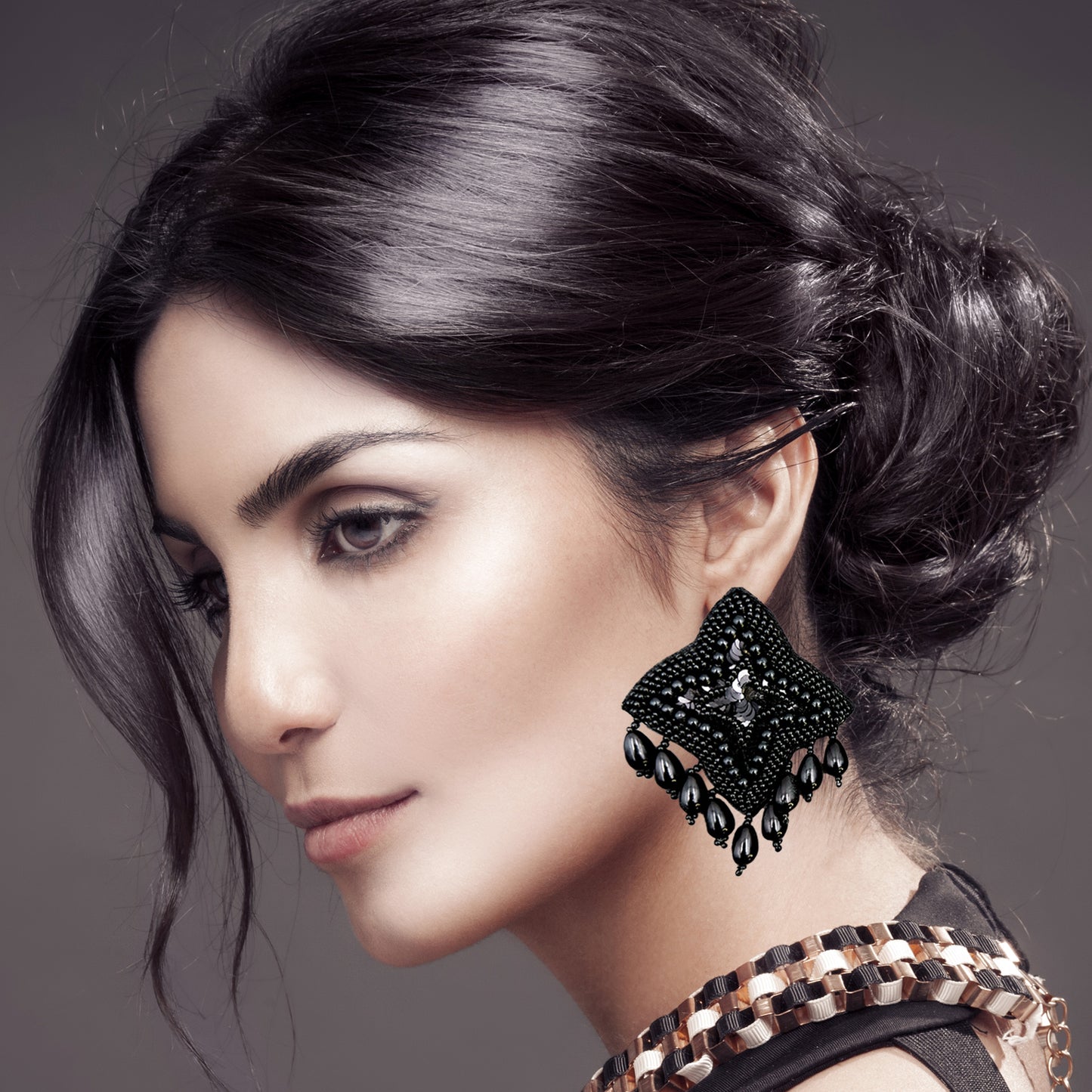 Black beads studded handcrafted single star design drop earrings