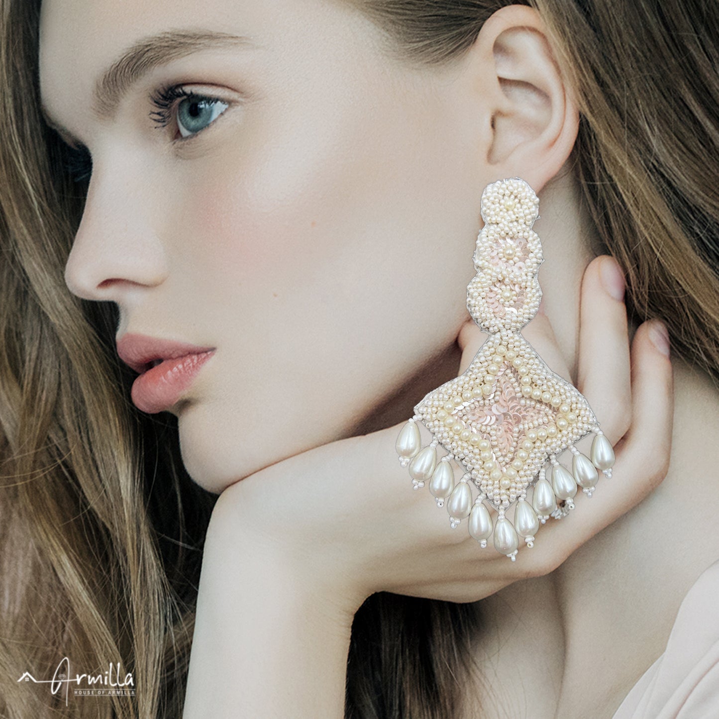 Handcrafted white beads and pearls drop danglers