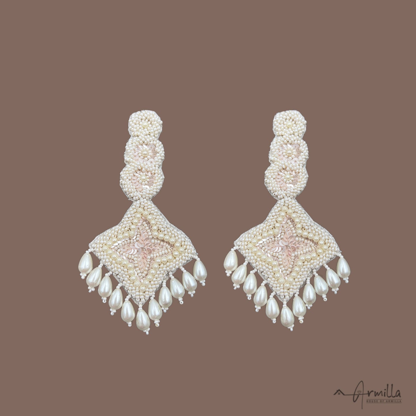 Handcrafted white beads and pearls drop danglers