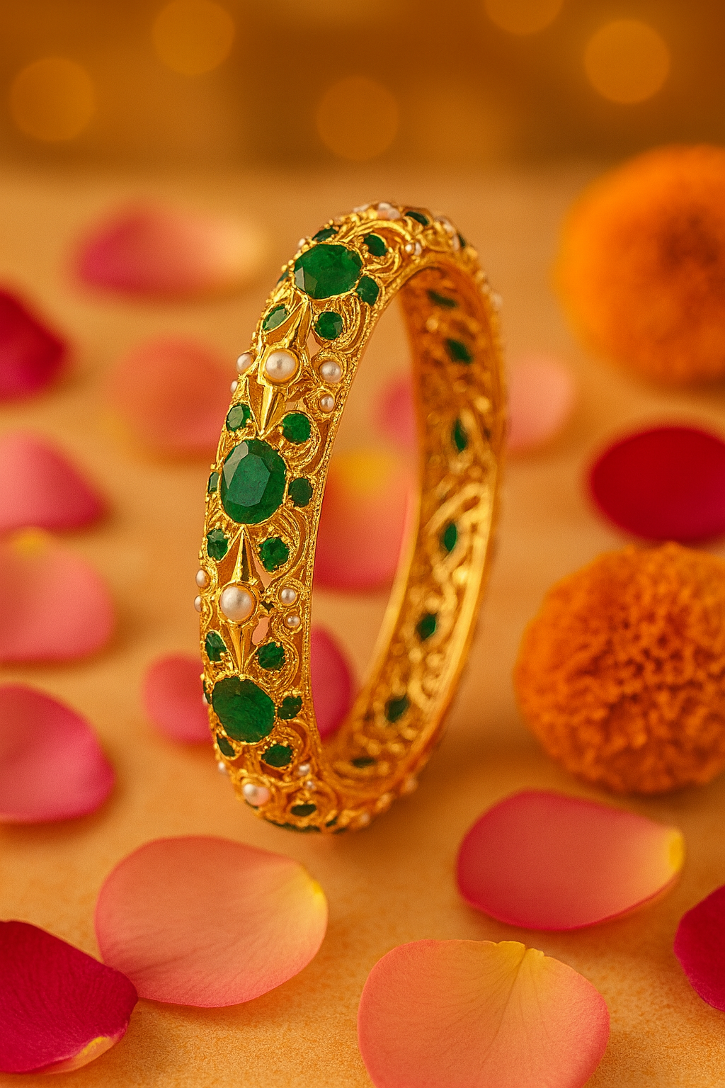 Emerald & Pearl Floral Heritage Jadau Style Bangle
