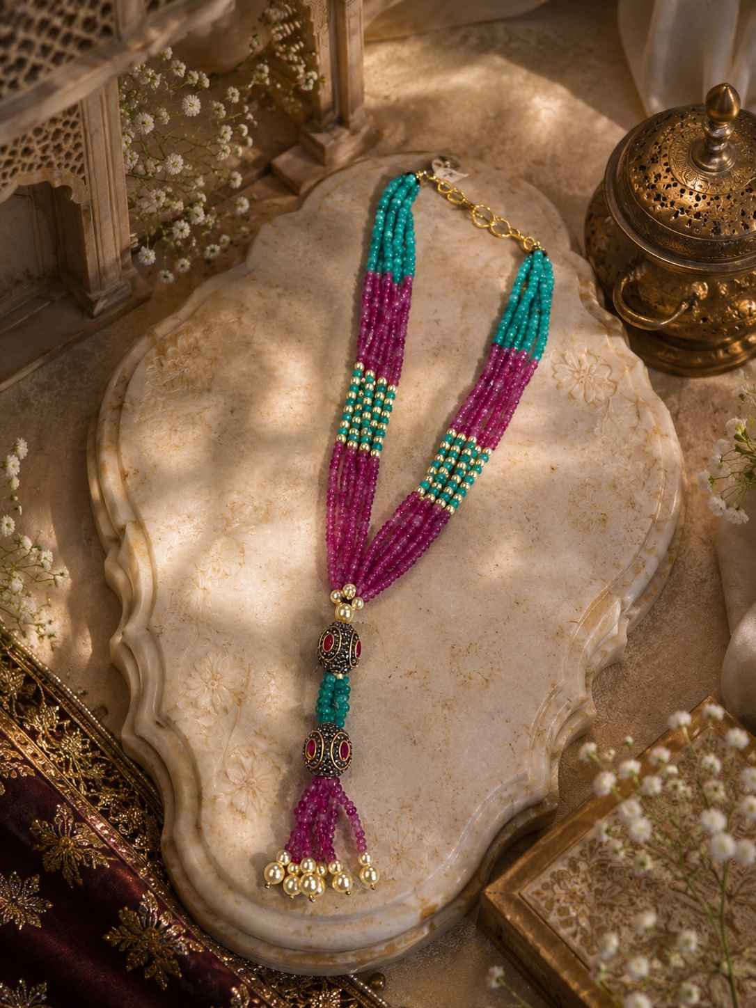 Meher Multistrand Ruby & Turquoise Beaded Necklace