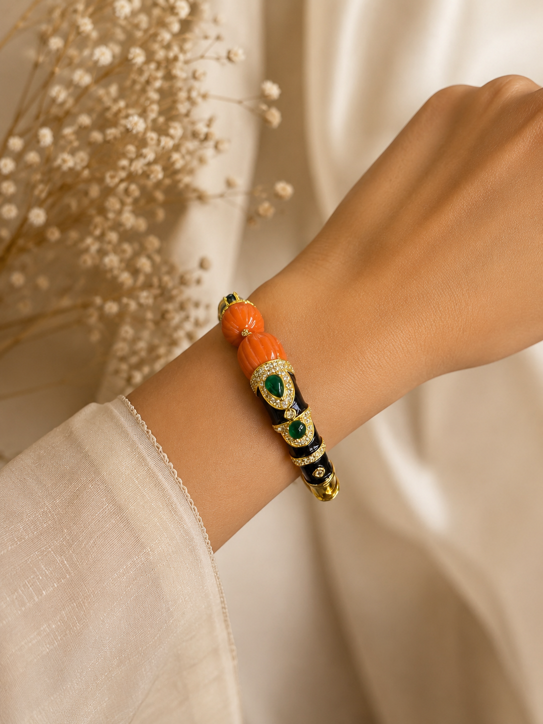 Riwaayat Coral & Emerald Enamel Statement Bracelet