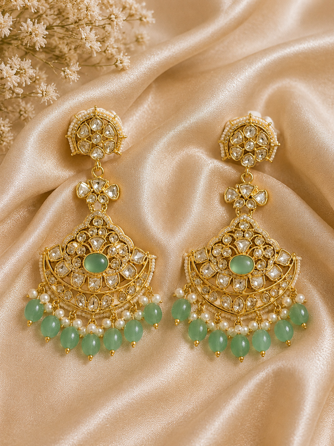 Mint Green Kundan Chandbali Earrings