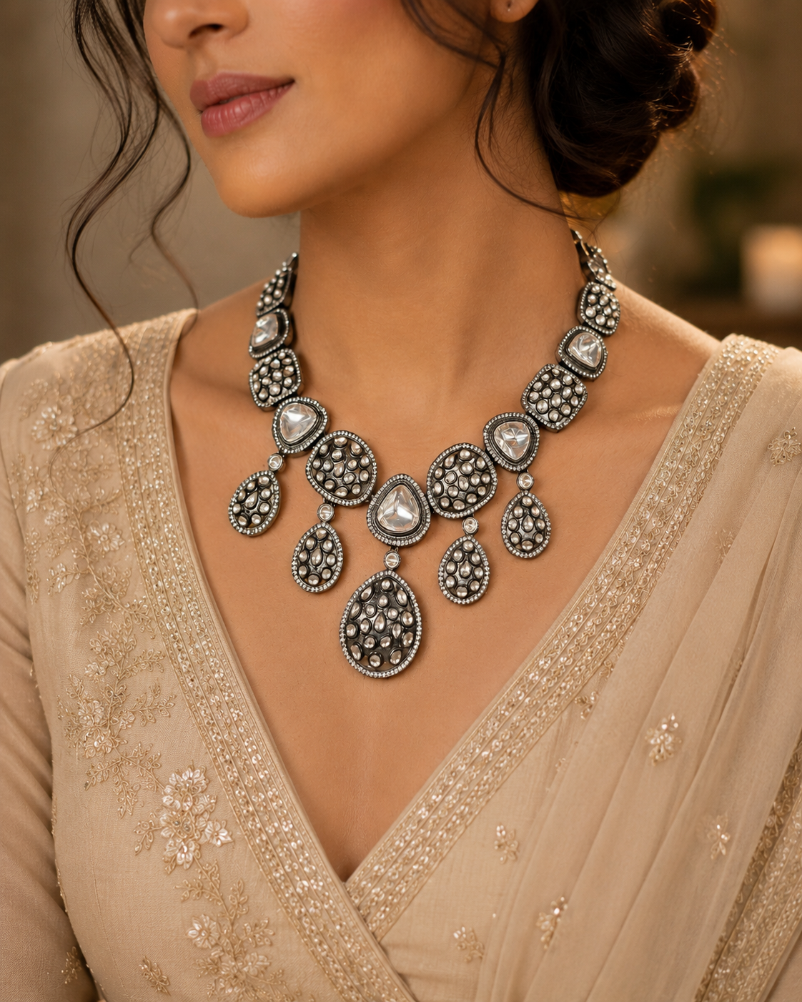 Vintage Oxidised Polki Statement Necklace