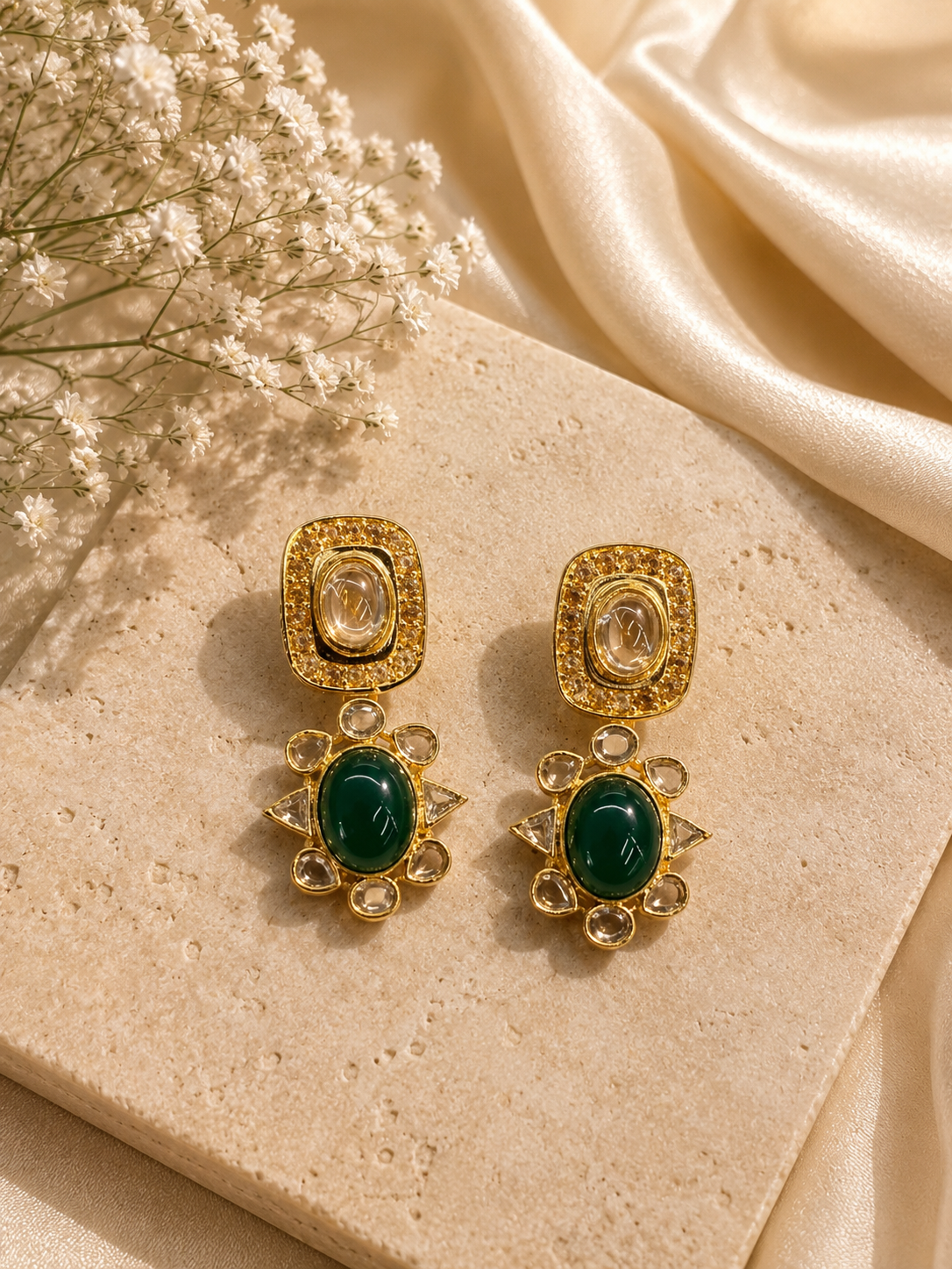 Navratan Pearl Necklace & Emerald Drop Earrings Set