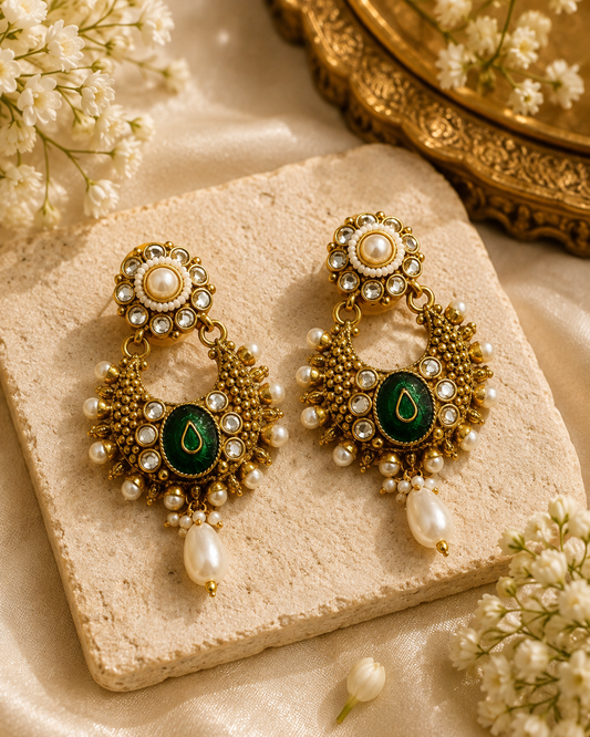 Meher Emerald Pearl Chandbali Earrings