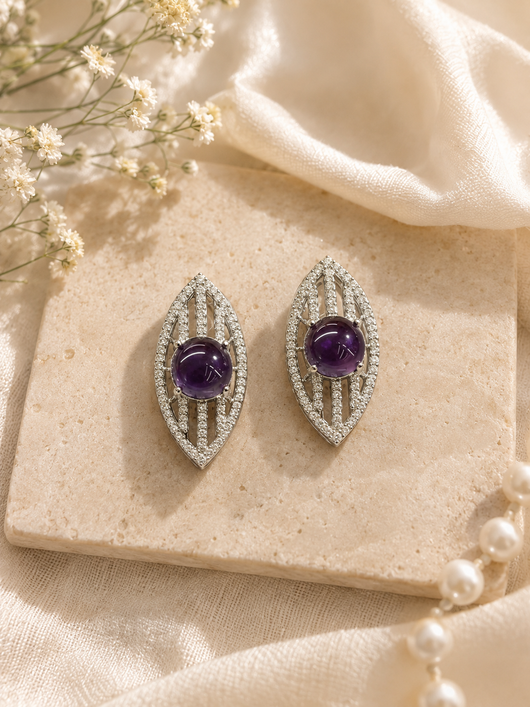 Navratan Emerald Beaded Necklace & Amethyst Earrings Set