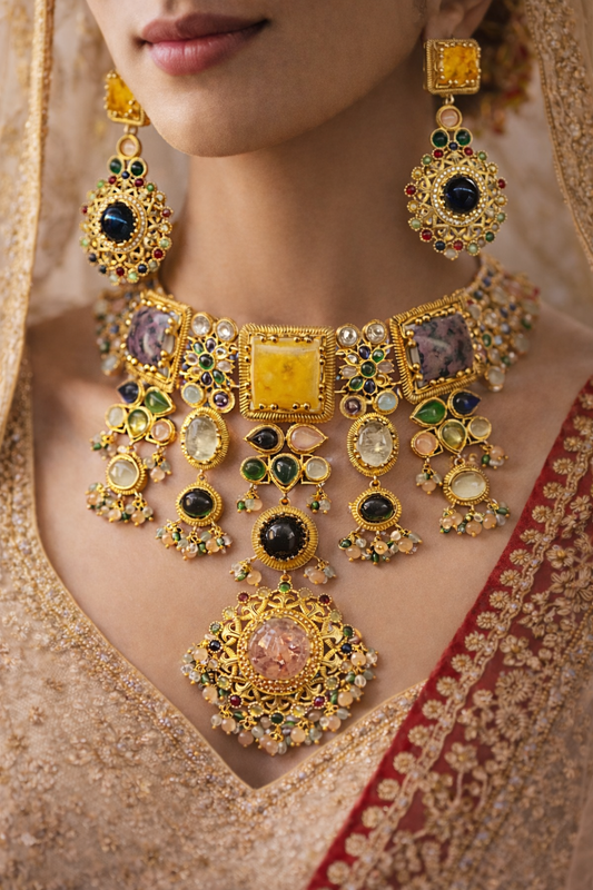 Royal Navratan-Inspired Statement Necklace Set with Earrings