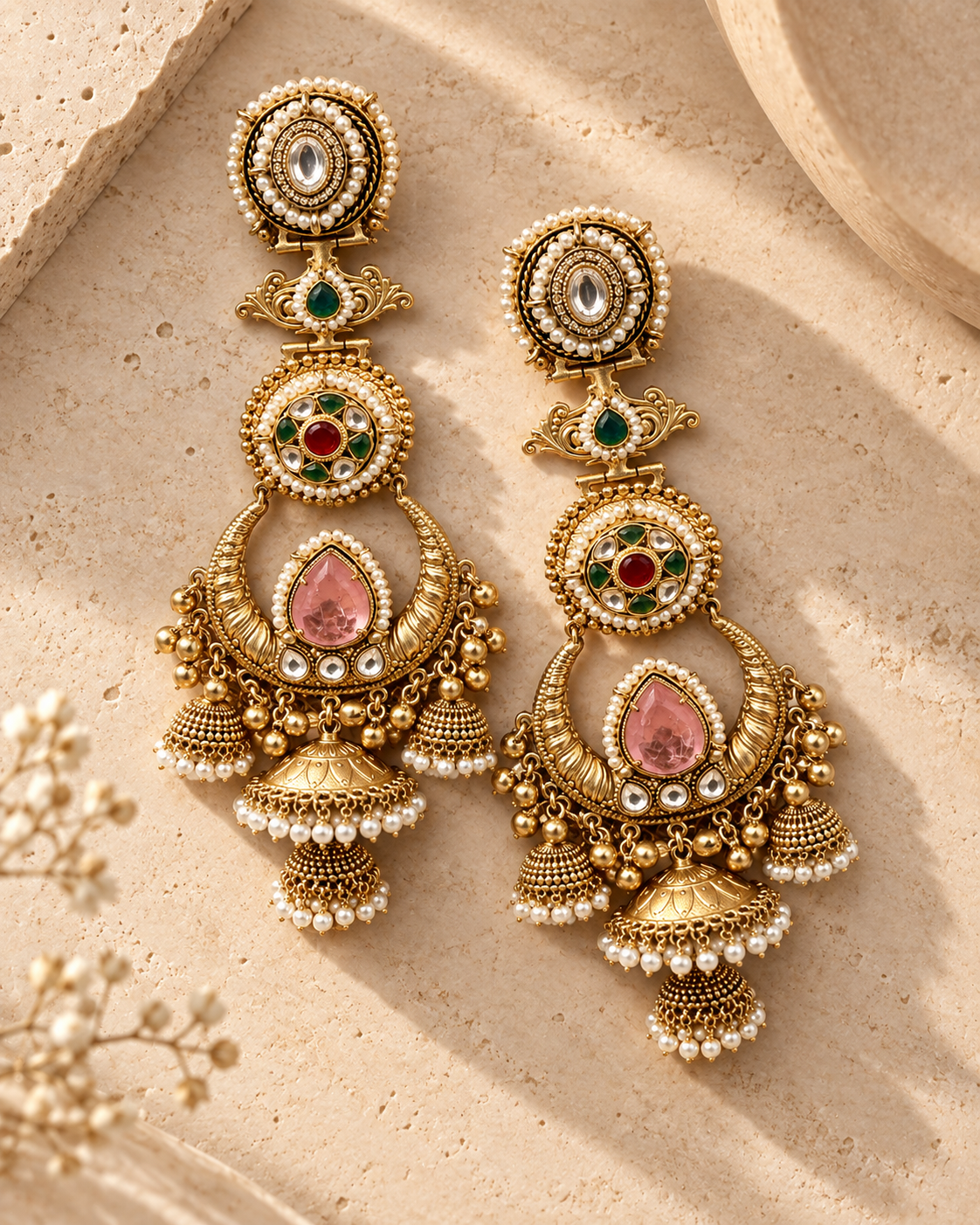 Royal Pink Kundan Chandbali Jhumka Earrings