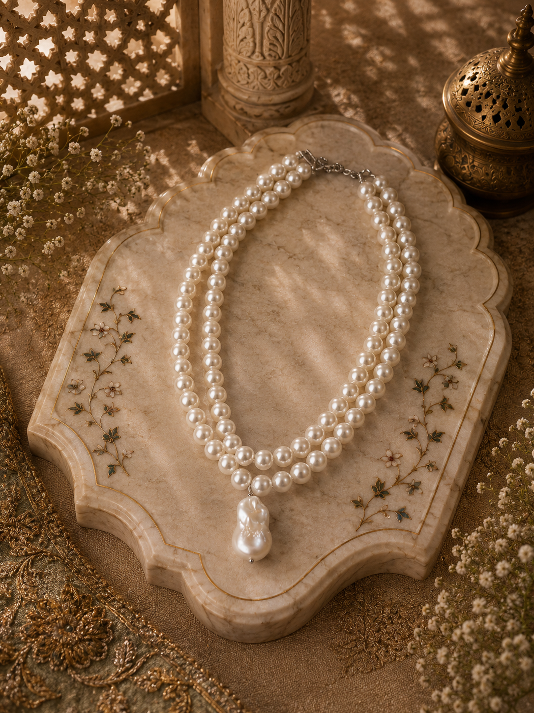 Aafreen Double-Strand Pearl & Baroque Drop Necklace
