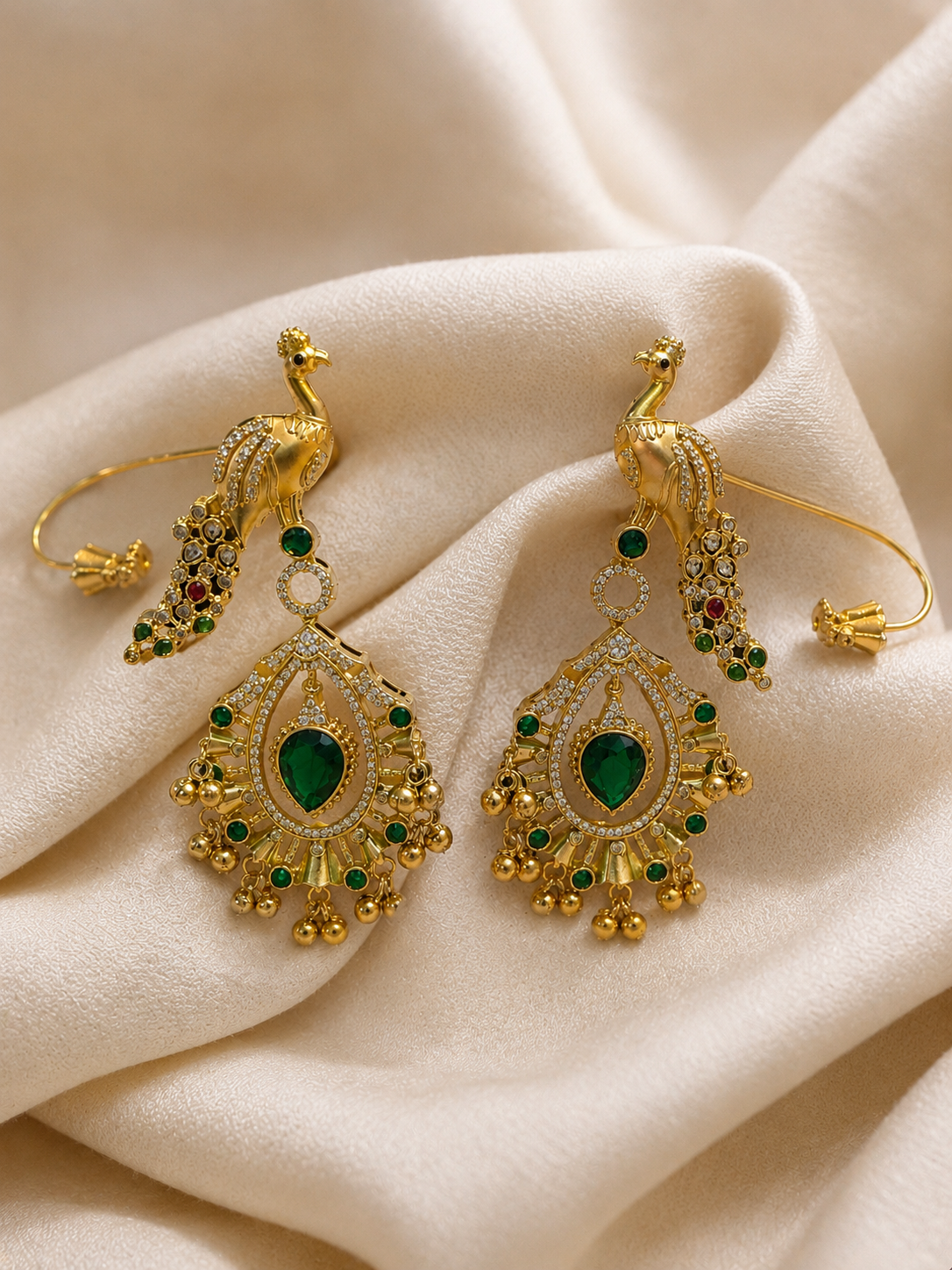 Peacock Motif Emerald Green Statement Earrings with Kundan Work