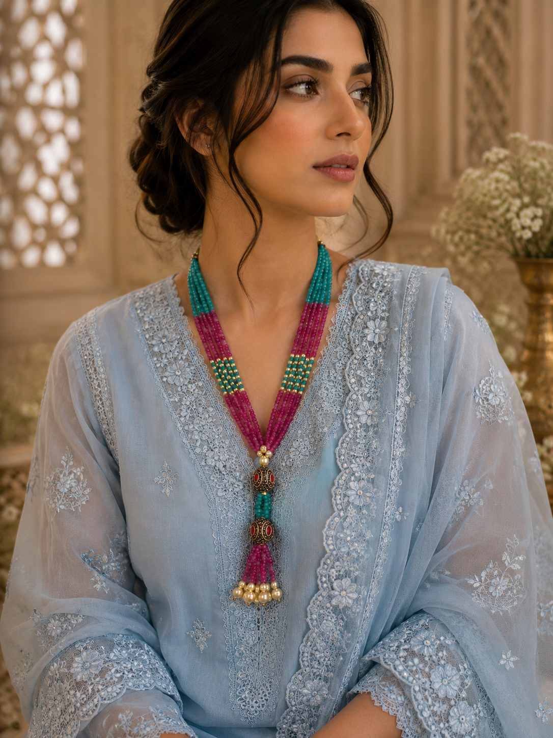 Meher Multistrand Ruby & Turquoise Beaded Necklace