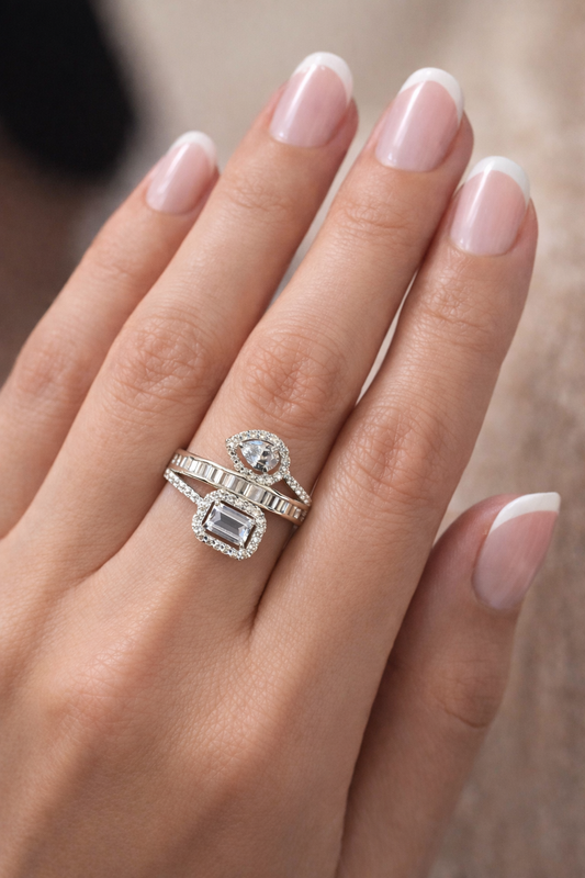 Dual Grace Emerald & Pear Halo Ring