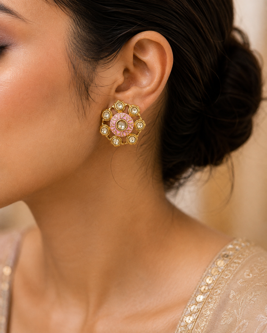 Pink Meenakari Kundan Floral Stud Earrings