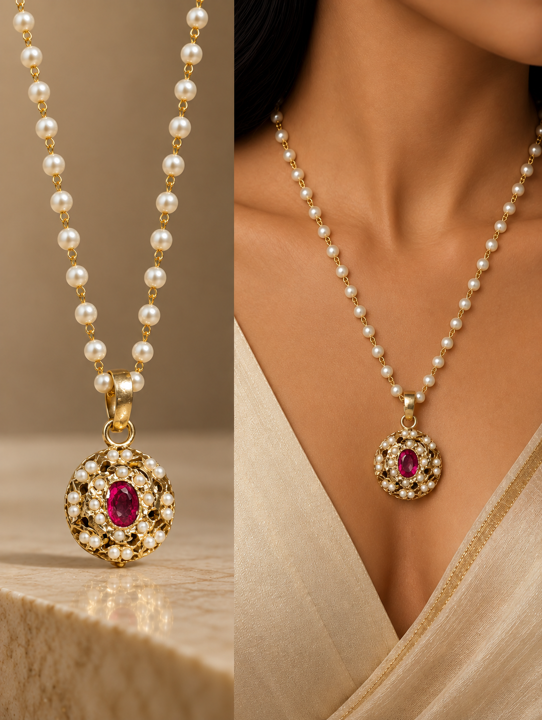 Ruby & Pearl Bloom Jadau Pendant Set with Matching Earrings