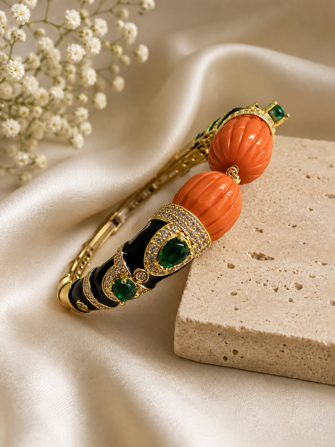 Riwaayat Coral & Emerald Enamel Statement Bracelet