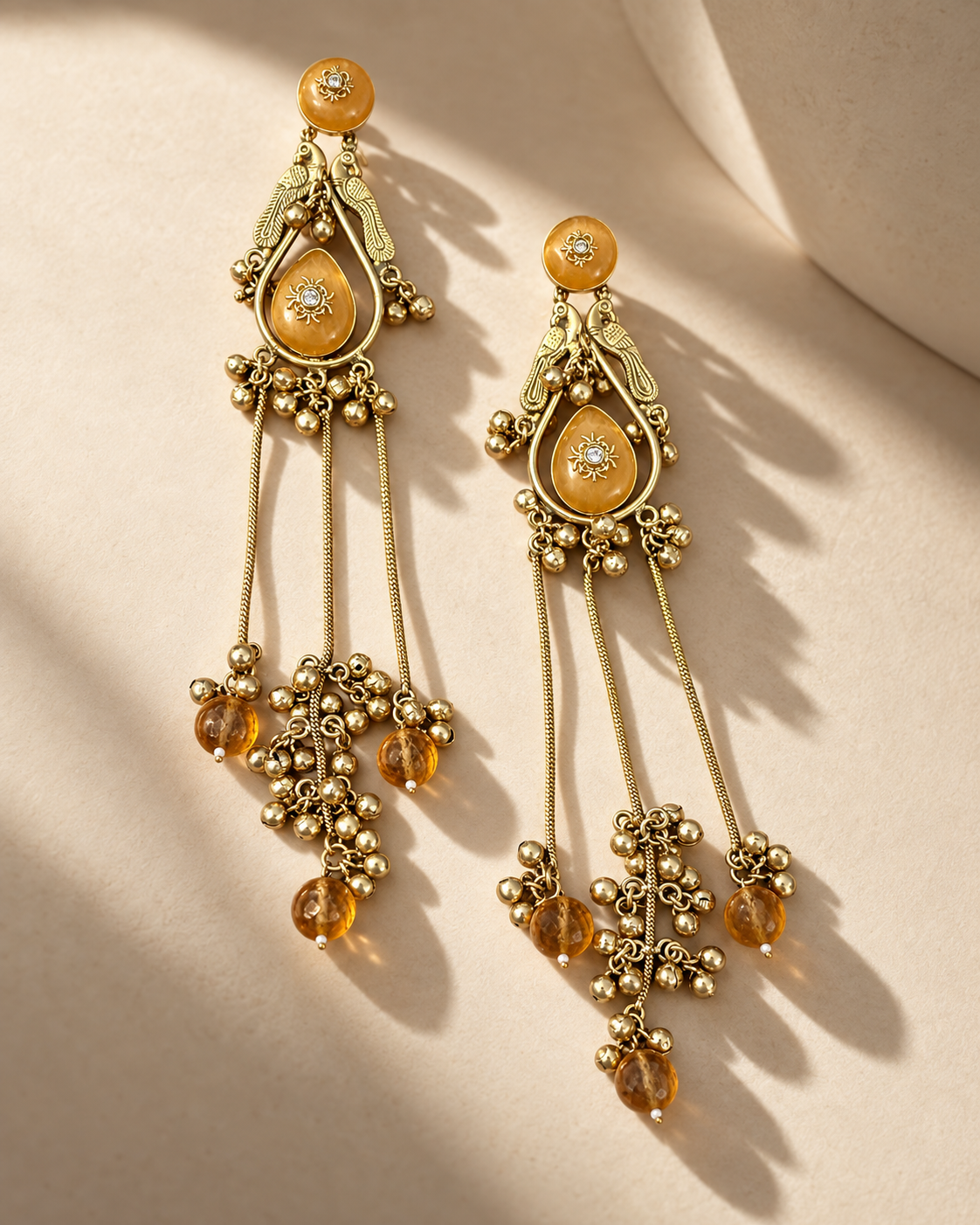 Amber Peacock Tassel Earrings