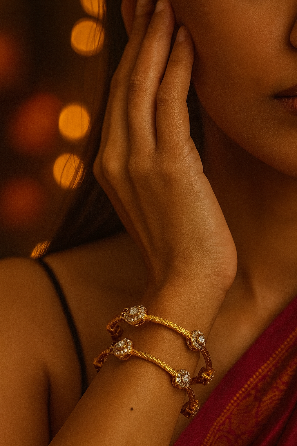Elegant Gold Textured Bangles with Diamond Accents