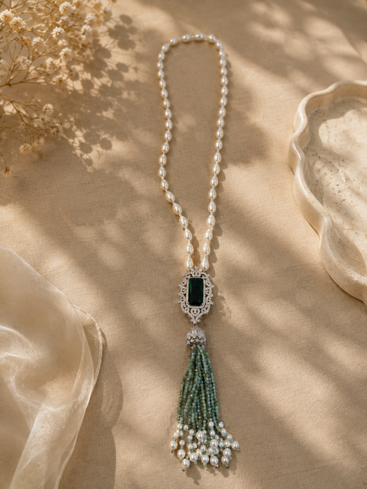 Zareen Emerald Pearl Tassel Necklace