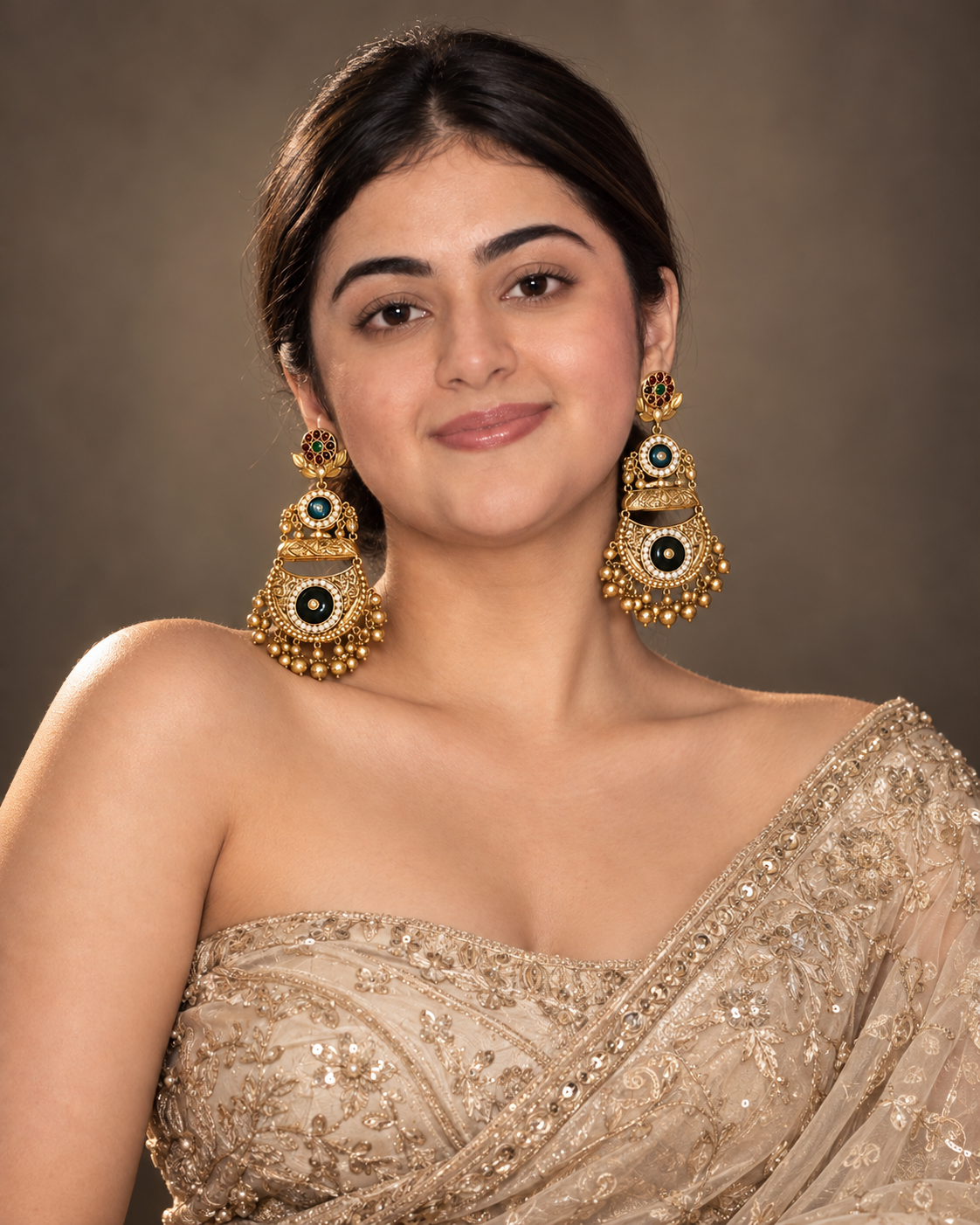 Antique Gold Heritage Temple Chandbali Earrings