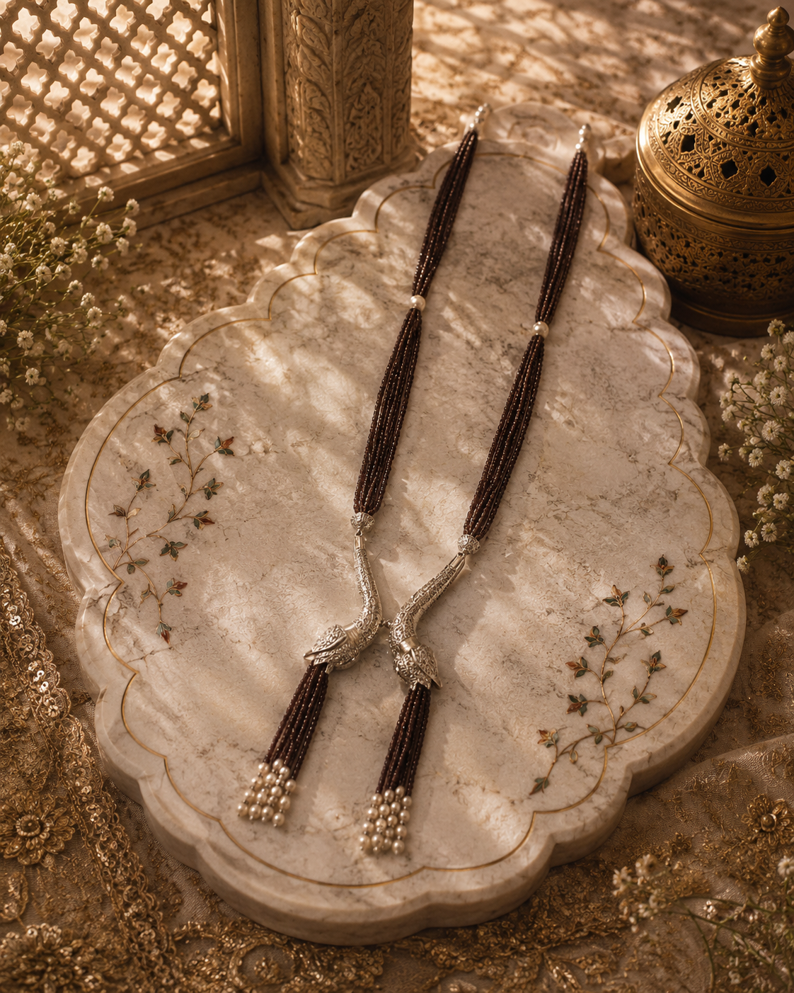 Shahbano Mocha Beaded Peacock Tassel Necklace