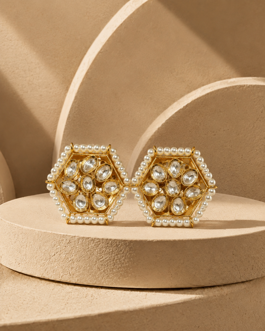 Pearl & Kundan Hexagon Stud Earrings