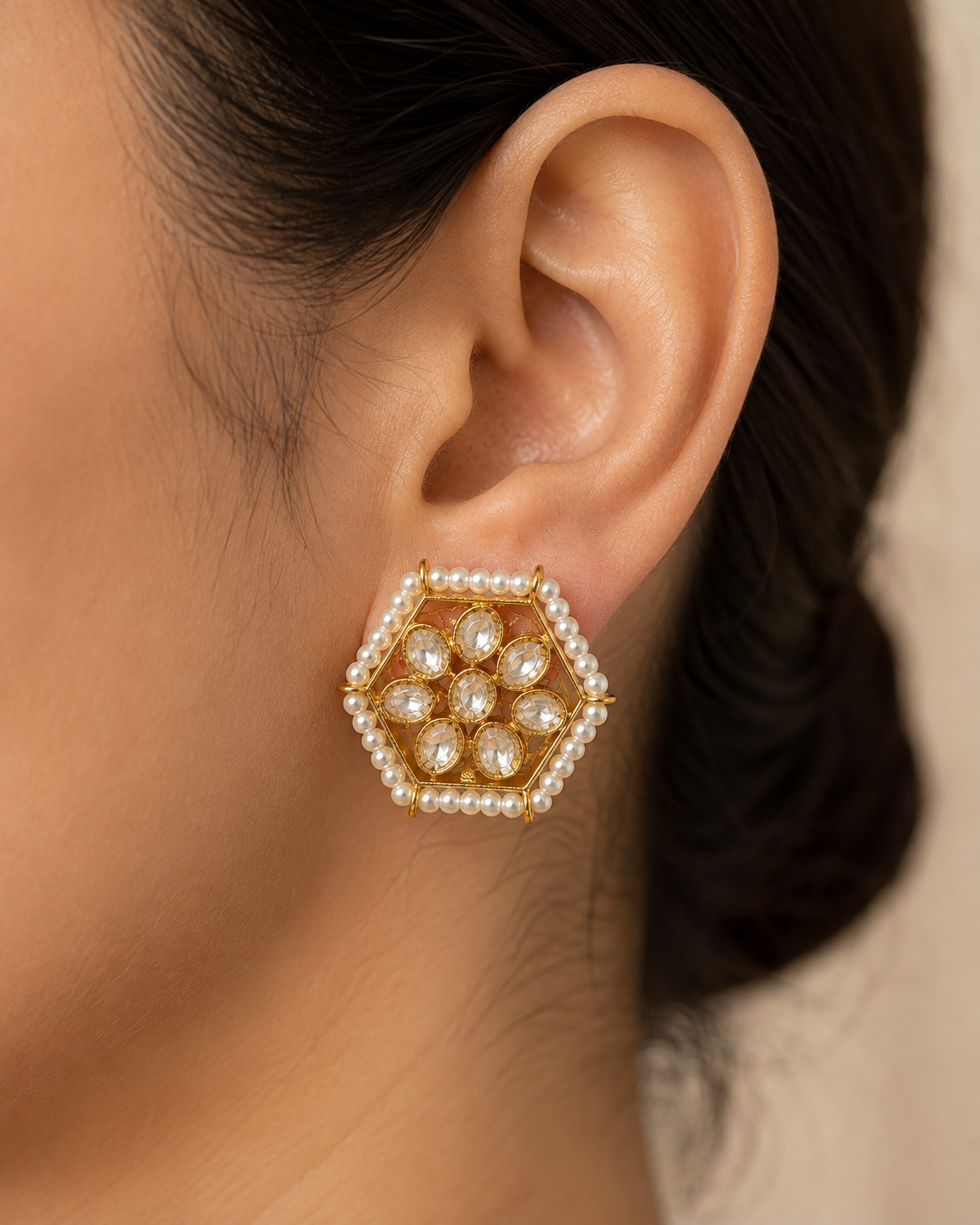 Pearl & Kundan Hexagon Stud Earrings
