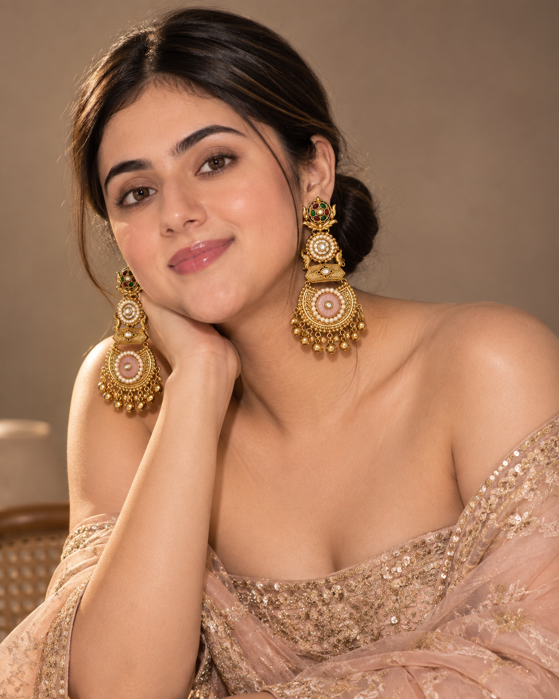 Antique Gold Heritage Temple Chandbali Earrings