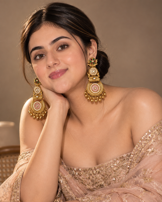 Antique Gold Heritage Temple Chandbali Earrings