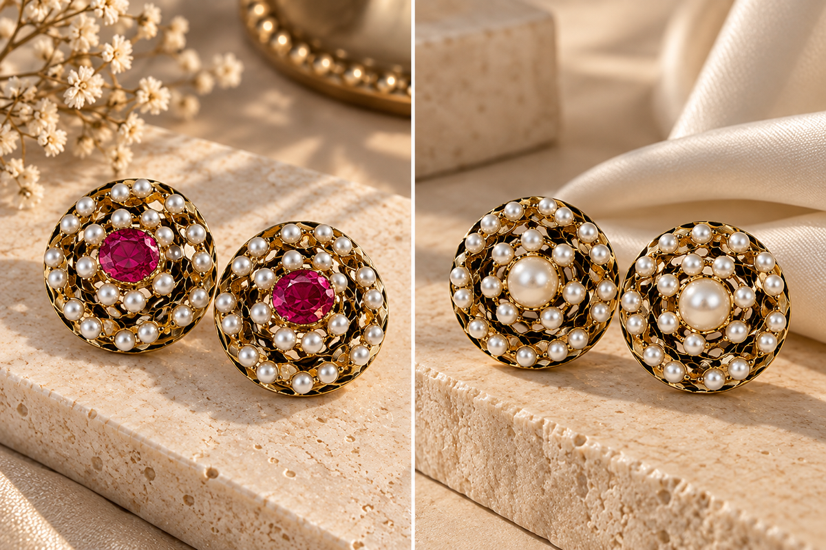 Ruby & Pearl Bloom Jadau Pendant Set with Matching Earrings