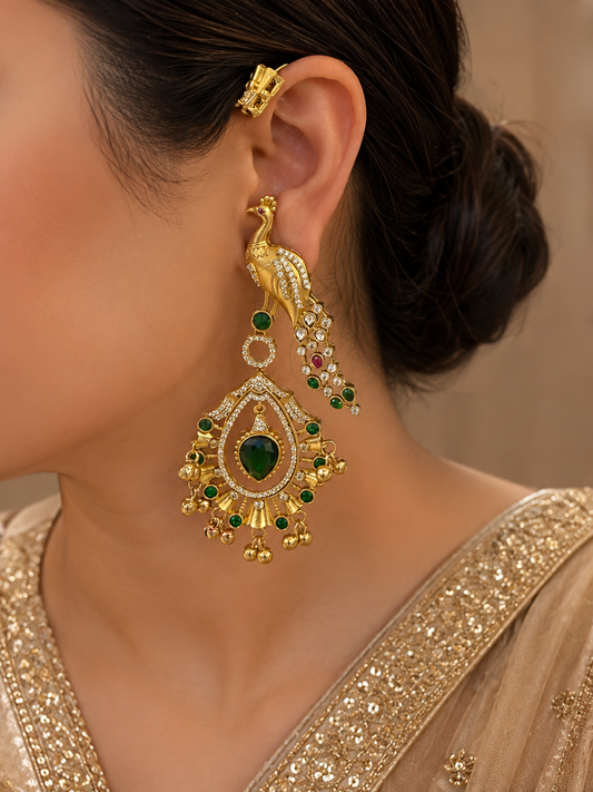 Peacock Motif Emerald Green Statement Earrings with Kundan Work
