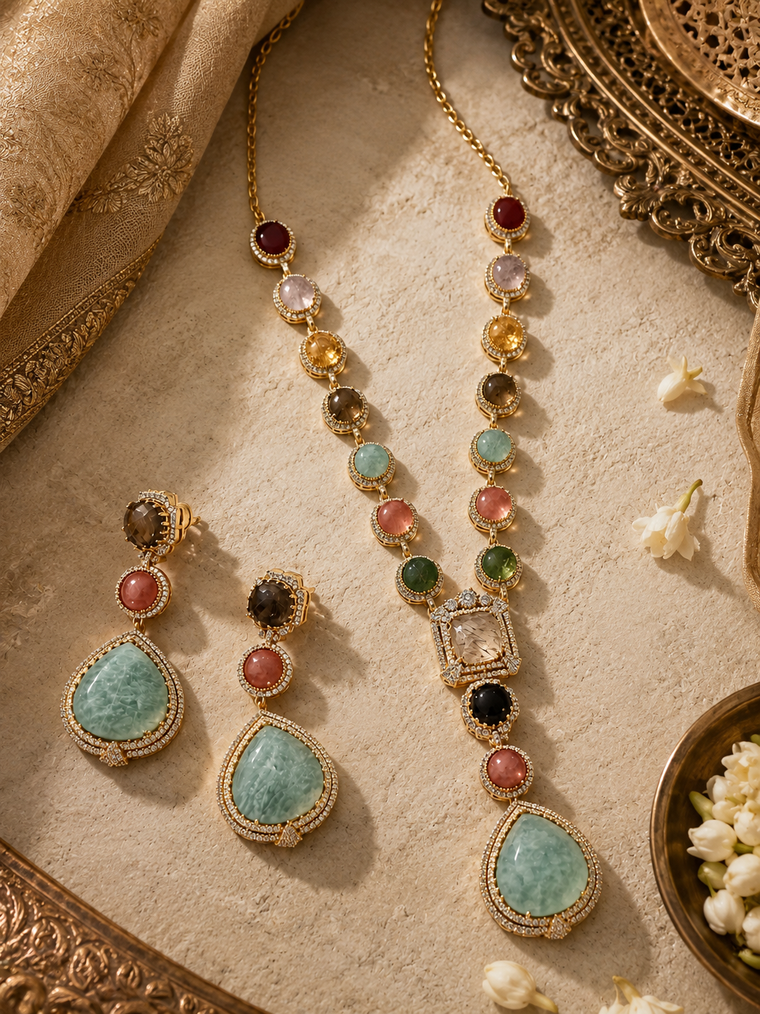 Multicolour Gemstone Statement Necklace & Earrings Set