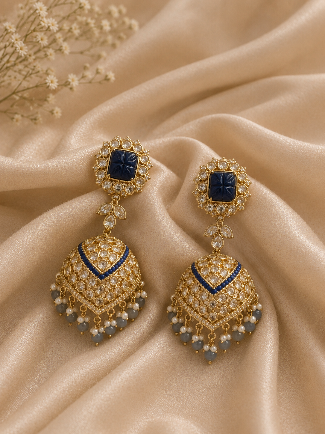 Royal Blue Kundan Jhumka Earrings
