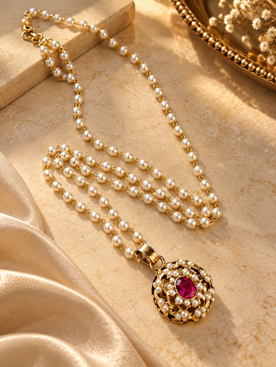 Ruby & Pearl Bloom Jadau Pendant Set with Matching Earrings