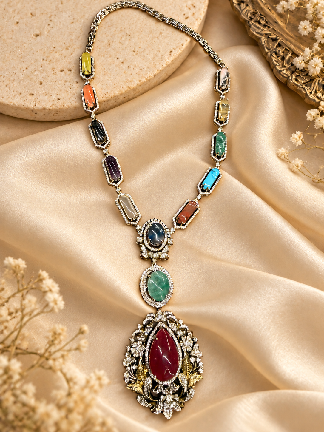 Royal Multicolour Stone Statement Necklace & Earrings Set